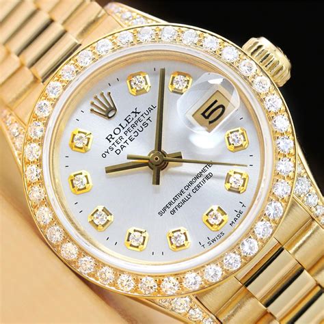 ladies 18k gold rolex datejust president watch|ladies Rolex president diamond bezel.